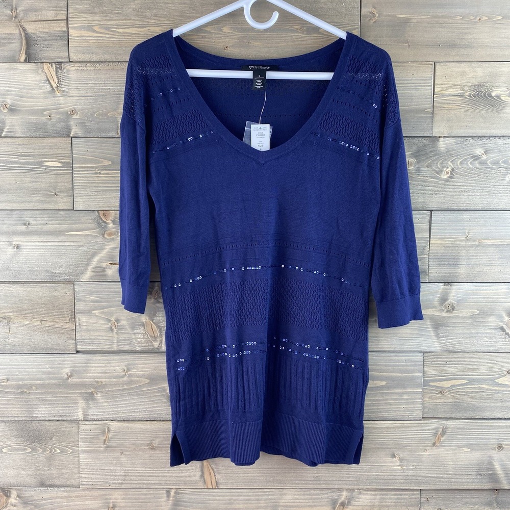 White House Black Market Womens Sweater Short Sleeve Vneck Open‎ Weave Small